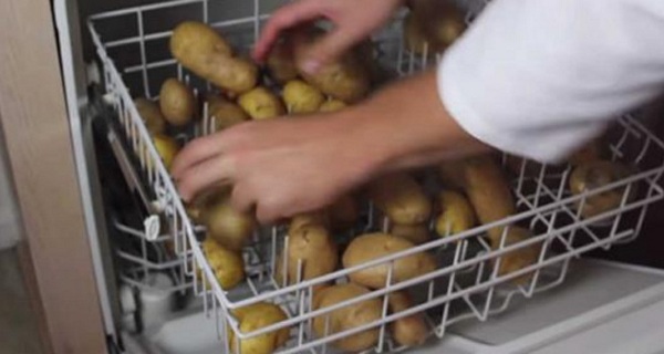HE DUMPS POTATOES INTO HIS DISHWASHER. IT SEEMED CRAZY UNTIL I SAW WHY!